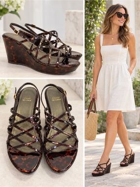 Stuart Weitzman Tortoise Patent Strappy Platform Wedge Sandals Size 8